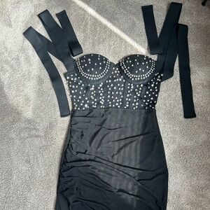 Black Strapless Embellished Ruched Dress